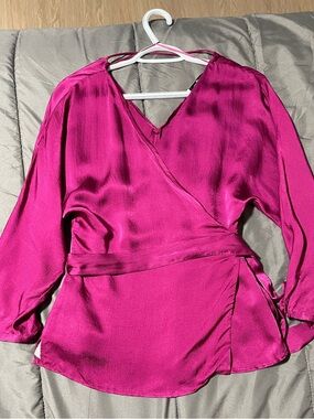 MANGO Magenta Wrap Satin Blouse with Waist Tie🎀